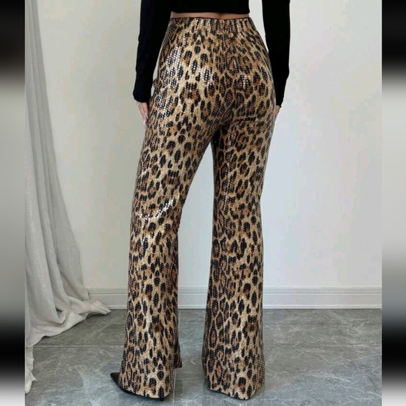 Fashionable Leopard Print High Waist Sequin Flared Pants For Autumn - Picture 2 of 5